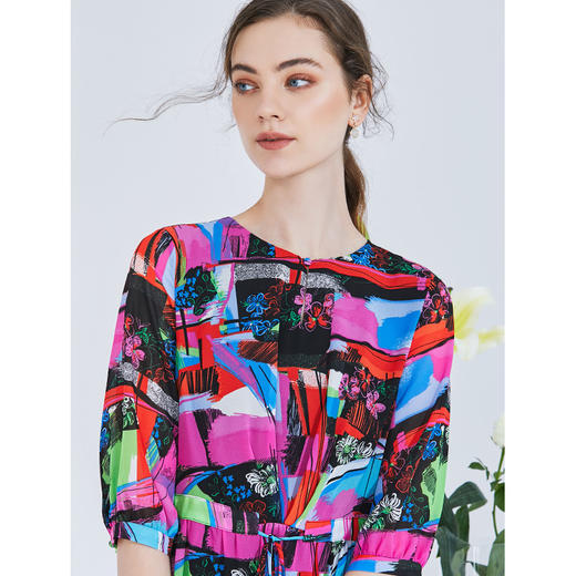 EITIE爱特爱女装夏季新款五分袖优雅不规则印花连衣裙中长款5907636 商品图8