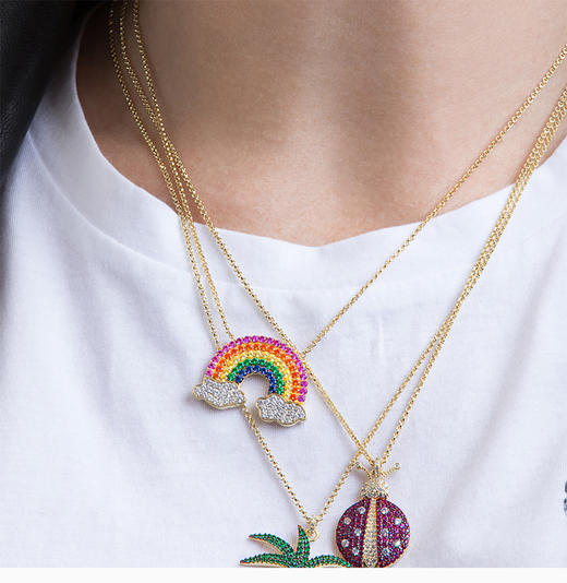 apmmonaco金黄色纯银镶晶钻彩虹项链ac4425my