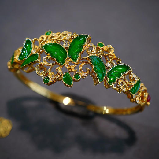 龢盒原创蝶飞花‬舞翡翠18k金镶钻大手镯 商品图2