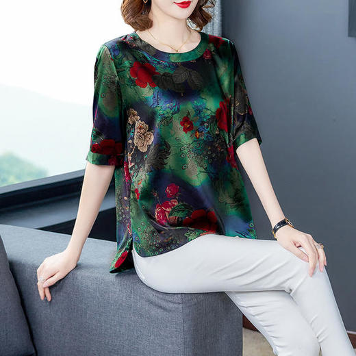 AHM-6822夏新款仿真丝印花中袖T恤圆领大码妈妈装 商品图1