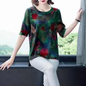AHM-6822夏新款仿真丝印花中袖T恤圆领大码妈妈装