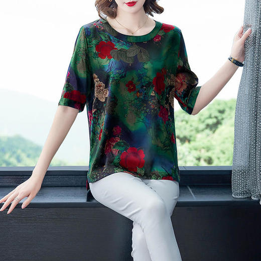 AHM-6822夏新款仿真丝印花中袖T恤圆领大码妈妈装 商品图0