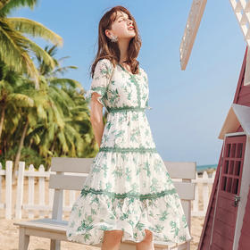 KF-KF63251欧货 夏新款碎花喇叭袖气质轻熟印花裙