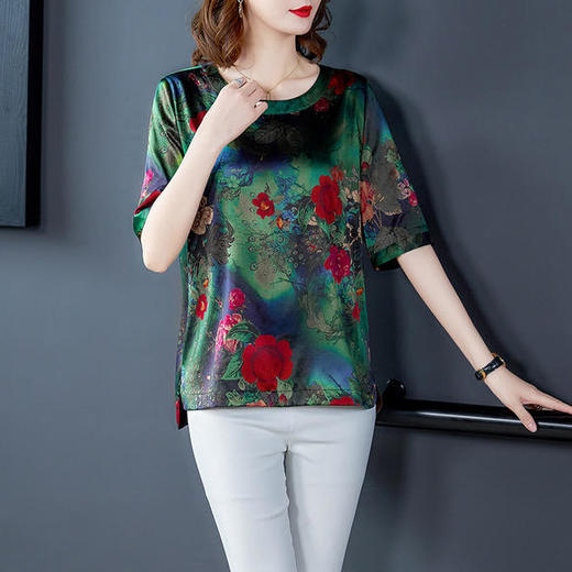 AHM-6822夏新款仿真丝印花中袖T恤圆领大码妈妈装 商品图4