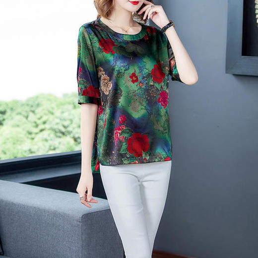 AHM-6822夏新款仿真丝印花中袖T恤圆领大码妈妈装 商品图3