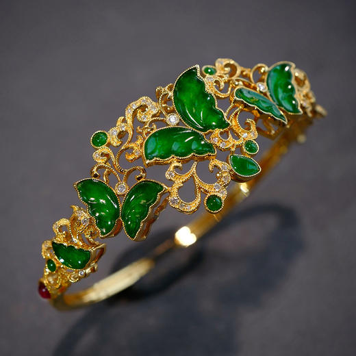 龢盒原创蝶飞花‬舞翡翠18k金镶钻大手镯 商品图0