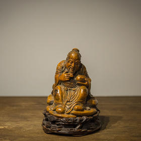 清代  竹雕下棋老者像（原红木座）