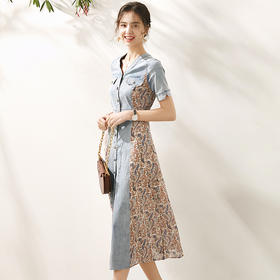 WLZD-2005206新款法式Chic风复古牛仔拼碎花连衣裙