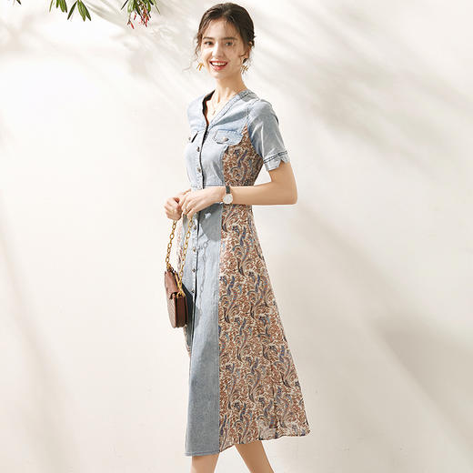 WLZD-2005206新款法式Chic风复古牛仔拼碎花连衣裙 商品图0