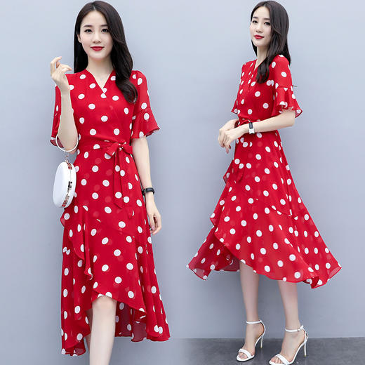 WZNH-SYG1977夏季新款收腰显瘦气质荷叶边波点裙子 商品图1