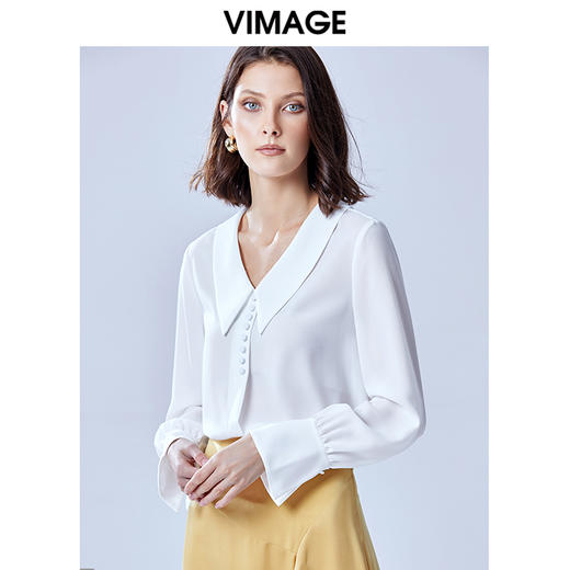 VIMAGE纬漫纪夏款轻薄舒适法式翻领喇叭袖雪纺衬衫女上衣V1309927 商品图0
