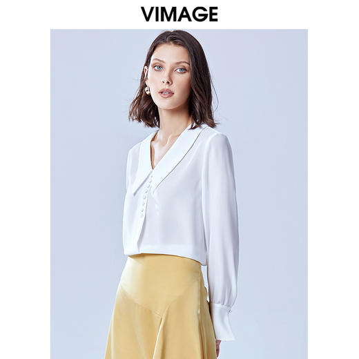 VIMAGE纬漫纪夏款轻薄舒适法式翻领喇叭袖雪纺衬衫女上衣V1309927 商品图7