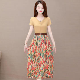 YW-HSY-I2A676气质减龄，修身短袖T恤印花半身裙两件套