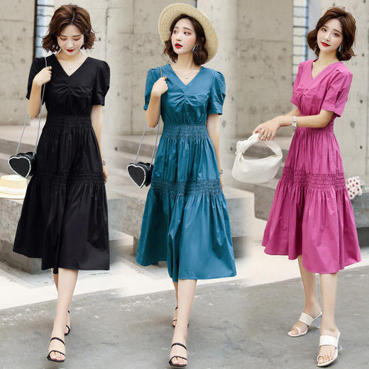 WZNH-YKX1985夏季中长款纯色优雅短袖时尚连衣裙 商品图0
