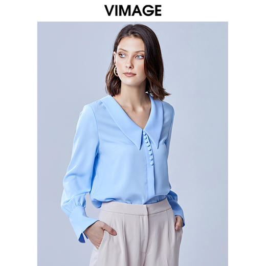 VIMAGE纬漫纪夏款轻薄舒适法式翻领喇叭袖雪纺衬衫女上衣V1309927 商品图4