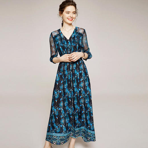 YLY-MJ2043气质桑蚕丝真丝V领A字裙连衣裙 商品图1