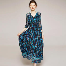 YLY-MJ2043气质桑蚕丝真丝V领A字裙连衣裙