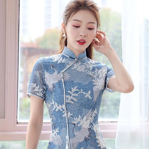 XGT-Q2086蓝鹤夏季新款改良雪纺印花绣花A摆中国风典雅连衣裙 商品图3