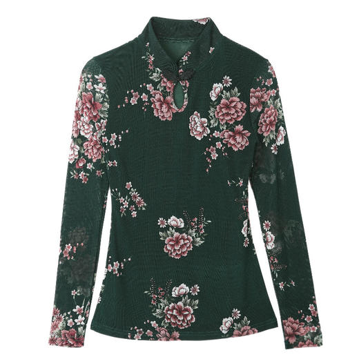 JL-571新款民族风立领 盘扣网纱蕾丝印花长袖女T恤 商品图4