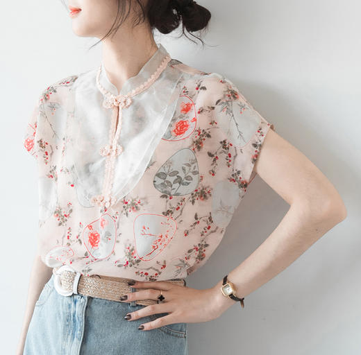 QCJZ-2020夏新款中式复古盘扣立领气质短袖衬衫上衣 商品图1