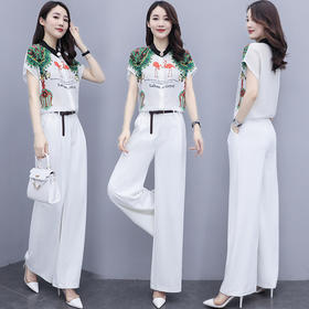 WZNH-QSLG9821（配腰带）2020新款高腰显瘦减龄职业印花色两件套