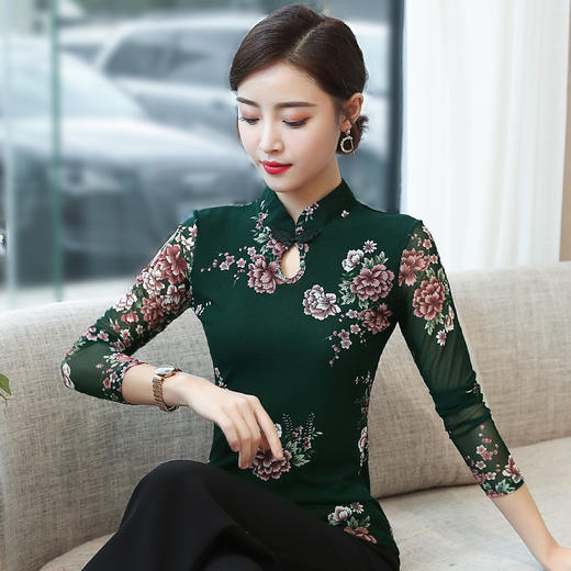 JL-571新款民族风立领 盘扣网纱蕾丝印花长袖女T恤 商品图3