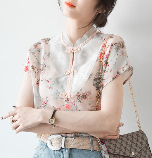 QCJZ-2020夏新款中式复古盘扣立领气质短袖衬衫上衣 商品图3