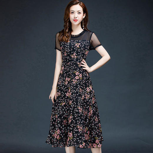 YWE-KED93253印花时尚网纱拼接气质优雅连衣裙 商品图1