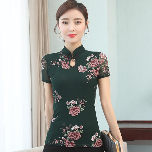 JL-571新款民族风立领 盘扣网纱蕾丝印花短袖女T恤 商品图2