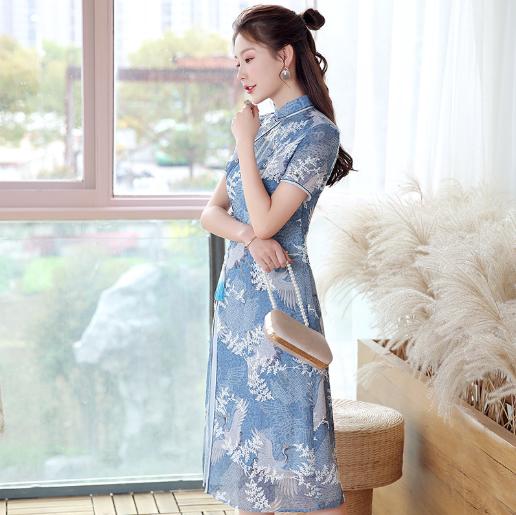 XGT-Q2086蓝鹤夏季新款改良雪纺印花绣花A摆中国风典雅连衣裙 商品图2