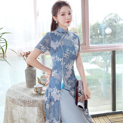 XGT-Q2086蓝鹤夏季新款改良雪纺印花绣花A摆中国风典雅连衣裙 商品图1
