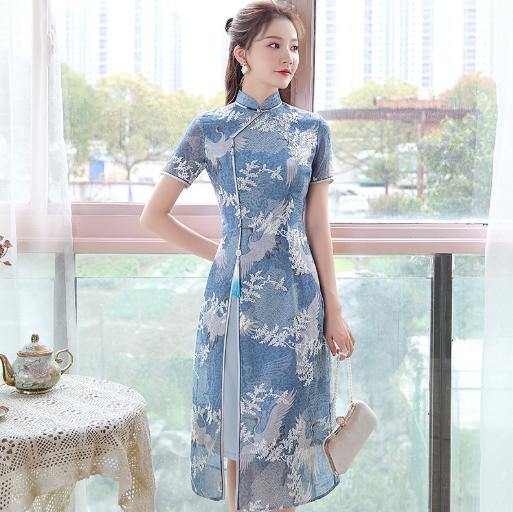 XGT-Q2086蓝鹤夏季新款改良雪纺印花绣花A摆中国风典雅连衣裙 商品图0