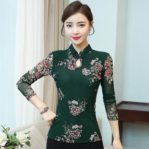 JL-571新款民族风立领 盘扣网纱蕾丝印花长袖女T恤 商品图1