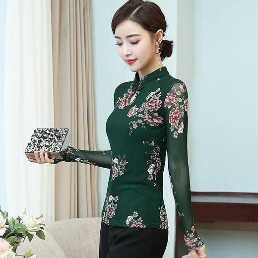 JL-571新款民族风立领 盘扣网纱蕾丝印花长袖女T恤 商品图2