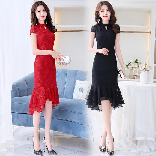 WZNH-MLJL8808新品韩版纯色不规则花边蕾丝连衣裙 商品图2