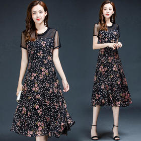 YWE-KED93253印花时尚网纱拼接气质优雅连衣裙