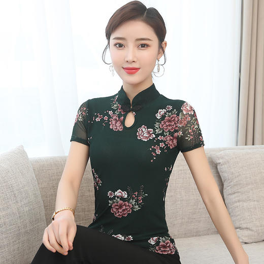 JL-571新款民族风立领 盘扣网纱蕾丝印花短袖女T恤 商品图3