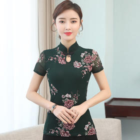 JL-571新款民族风立领 盘扣网纱蕾丝印花短袖女T恤