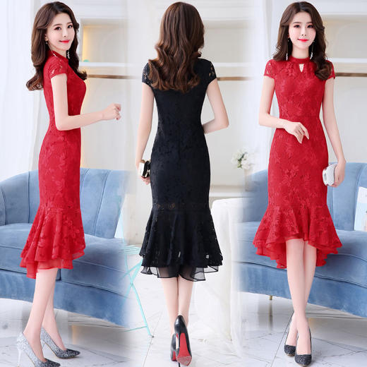 WZNH-MLJL8808新品韩版纯色不规则花边蕾丝连衣裙 商品图0