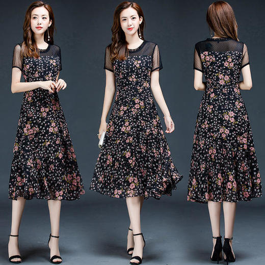 YWE-KED93253印花时尚网纱拼接气质优雅连衣裙 商品图2