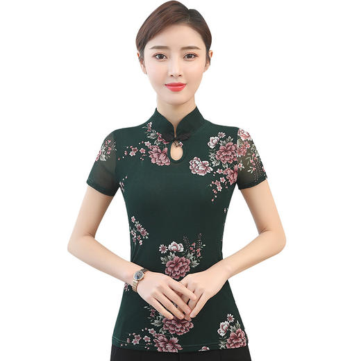 JL-571新款民族风立领 盘扣网纱蕾丝印花短袖女T恤 商品图4
