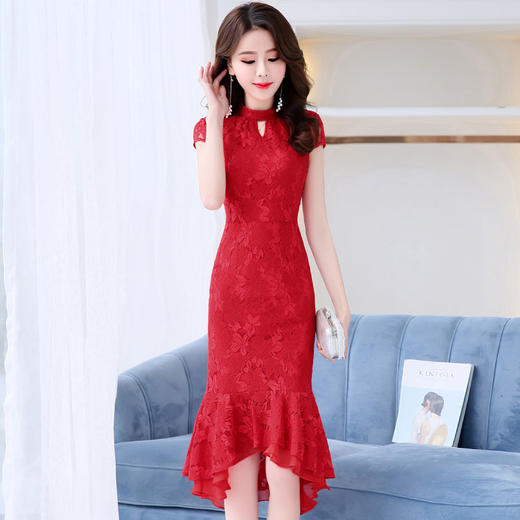 WZNH-MLJL8808新品韩版纯色不规则花边蕾丝连衣裙 商品图4