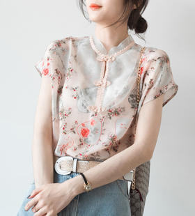 QCJZ-2020夏新款中式复古盘扣立领气质短袖衬衫上衣