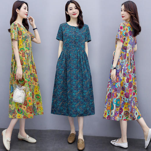 WZNH-NYMYZ502夏季时尚气质优雅印花圆领大码连衣裙 商品图0