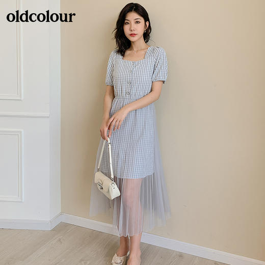 oldcolour小格子法式方领洋气通勤气质淑女长款网纱连衣裙女夏BM21101071 商品图2