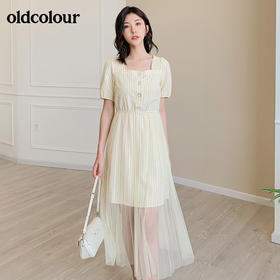 oldcolour小格子法式方领洋气通勤气质淑女长款网纱连衣裙女夏BM21101071