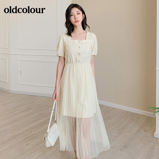 oldcolour小格子法式方领洋气通勤气质淑女长款网纱连衣裙女夏BM21101071 商品图0