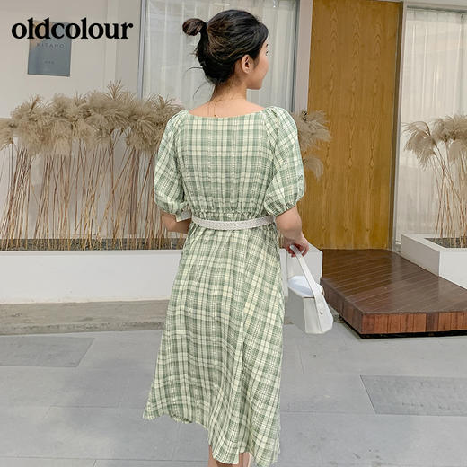 oldcolour文艺田园复古收腰显瘦格子连衣裙女夏泡泡袖气质露锁骨 商品图2