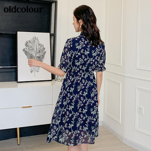 oldcolour夏季收腰显瘦松紧腰衬衫领碎花短袖雪纺气质连衣裙秋BM21101070 商品图1