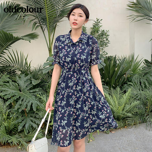 oldcolour夏季收腰显瘦松紧腰衬衫领碎花短袖雪纺气质连衣裙秋BM21101070 商品图0